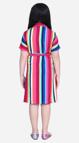 Mayawye Girl's Polyester Crepe Striped Short Sleeve Shirt collar Dress (Multicolor)