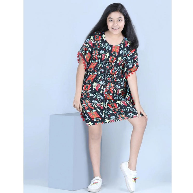 Mayawye Girl's Polyester Moss Printed Kaftan Sleeve Round Neck Dress (Multicolor)