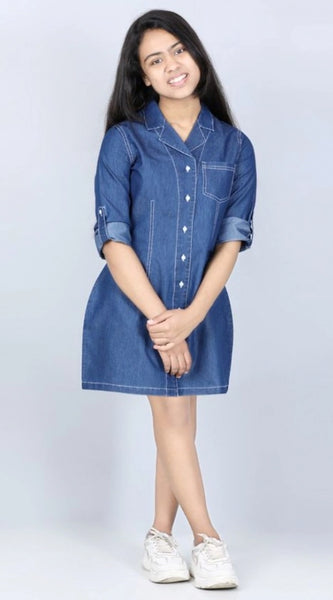 Mayawye Girl's Denim Solid Long Sleeve Shirt collar Dress (Blue)