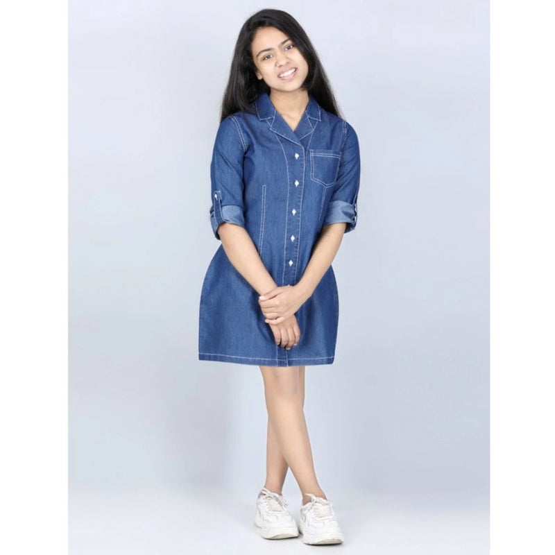 Mayawye Girl's Denim Solid Long Sleeve Shirt collar Dress (Blue)