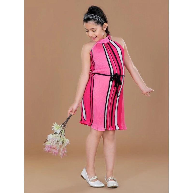 Mayawye Girl's Polyester Crepe Printed Sleeveless Round Neck Dress (Pink)