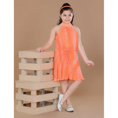 Mayawye Girl's Polyester Crepe Printed Sleeveless Round Neck Dress (Orange)