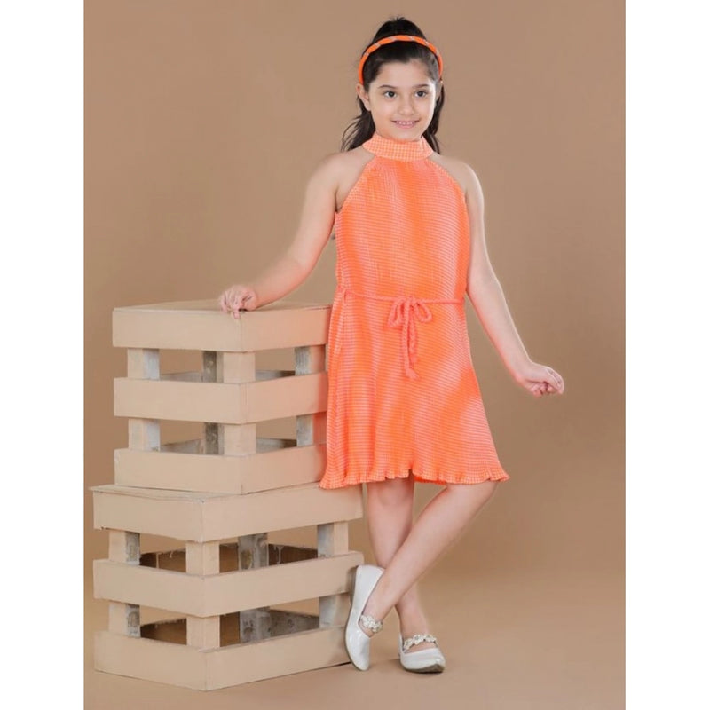 Mayawye Girl's Polyester Crepe Printed Sleeveless Round Neck Dress (Orange)