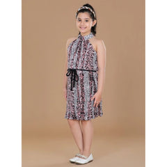 Mayawye Girl's Polyester Crepe Printed Sleeveless Round Neck Dress (Black-Pink)