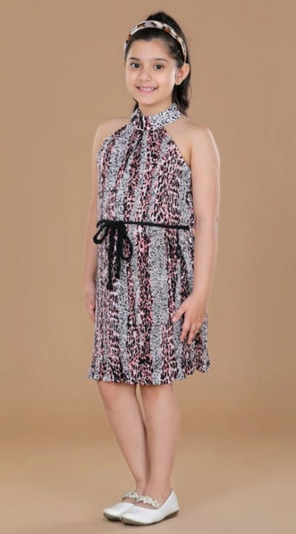 Mayawye Girl's Polyester Crepe Printed Sleeveless Round Neck Dress (Black-Pink)