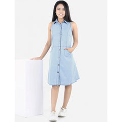 Mayawye Girl's Denim Solid Sleeveless Shirt collar Dress (Blue)