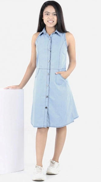 Mayawye Girl's Denim Solid Sleeveless Shirt collar Dress (Blue)