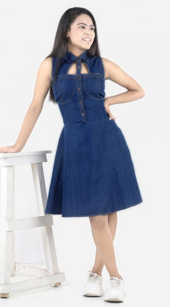 Mayawye Girl's Denim Solid Sleeveless Shirt collar Dress (Blue)