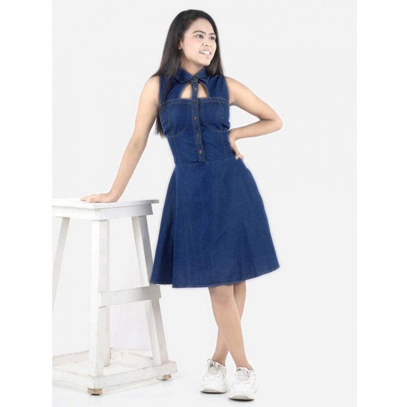 Mayawye Girl's Denim Solid Sleeveless Shirt collar Dress (Blue)