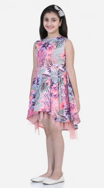 Mayawye Girl's Polyester Crepe  Net Printed Sleeveless Round Neck Dress (Pink-Blue)