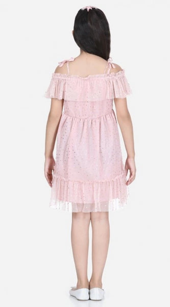 Mayawye Girl's Polyester Net Embellished Short Sleeve Shoulder Straps Dress (Pink)