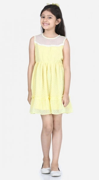 Mayawye Girl's Polyester Dobby Floral Printed Sleeveless Round Neck Dress (Yellow)
