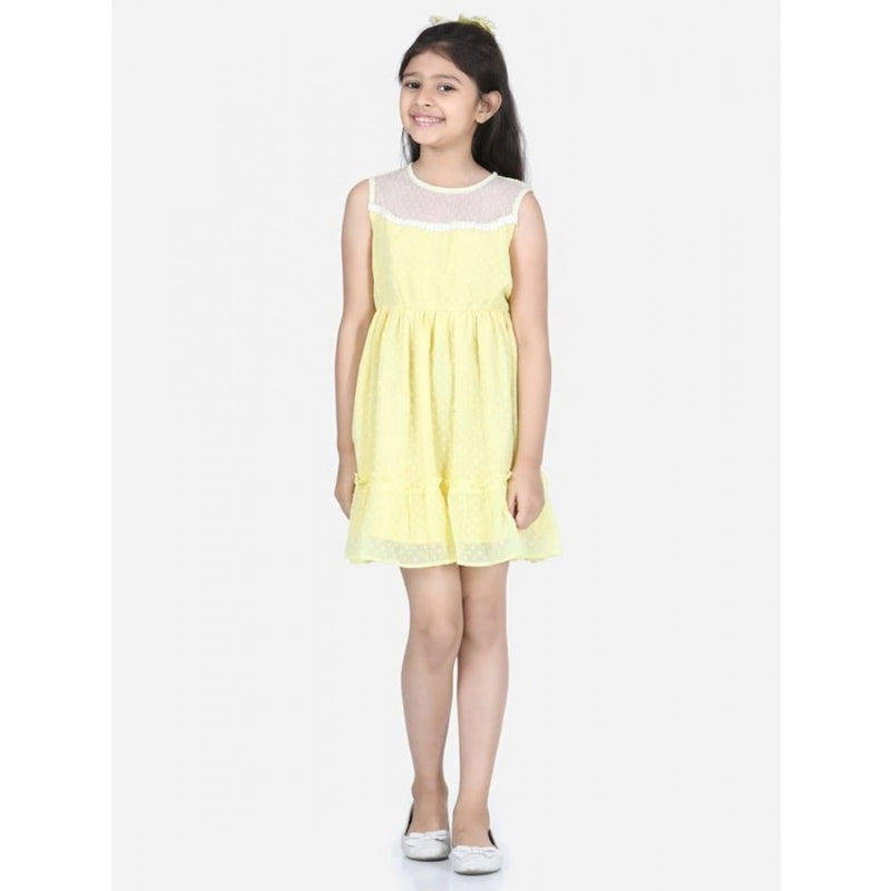 Mayawye Girl's Polyester Dobby Floral Printed Sleeveless Round Neck Dress (Yellow)