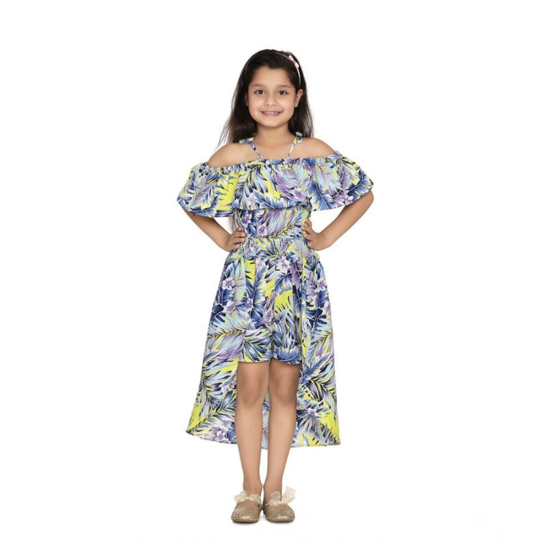 Mayawye Girl's Polyester Moss Printed Off Shoulder Straps Dress (Blue)