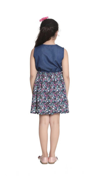 Mayawye Girl's Denim-Rayon Floral Printed Sleeveless Round Neck Dress (Navy Blue)