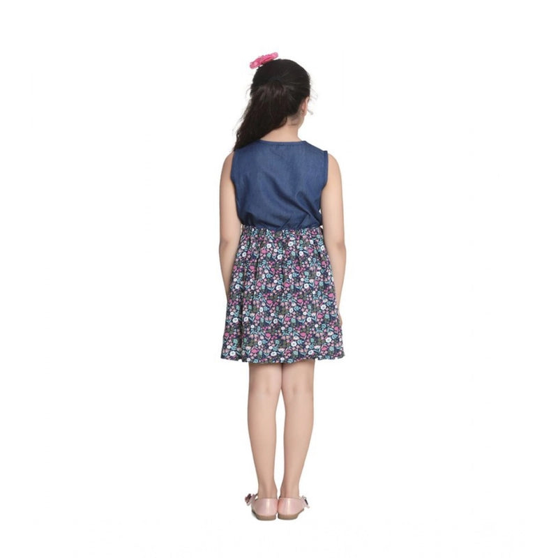 Mayawye Girl's Denim-Rayon Floral Printed Sleeveless Round Neck Dress (Navy Blue)