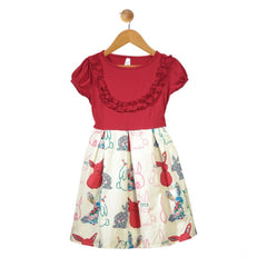 Mayawye Girl's Cotton Printed Short Sleeve Round Neck Dress (Red-White)