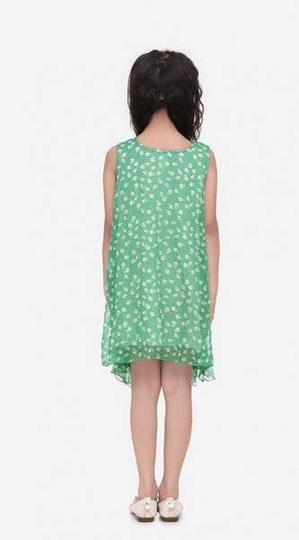 Mayawye Girl's Chiffon Ruffled Sleeveless Round Neck Dress (Green)