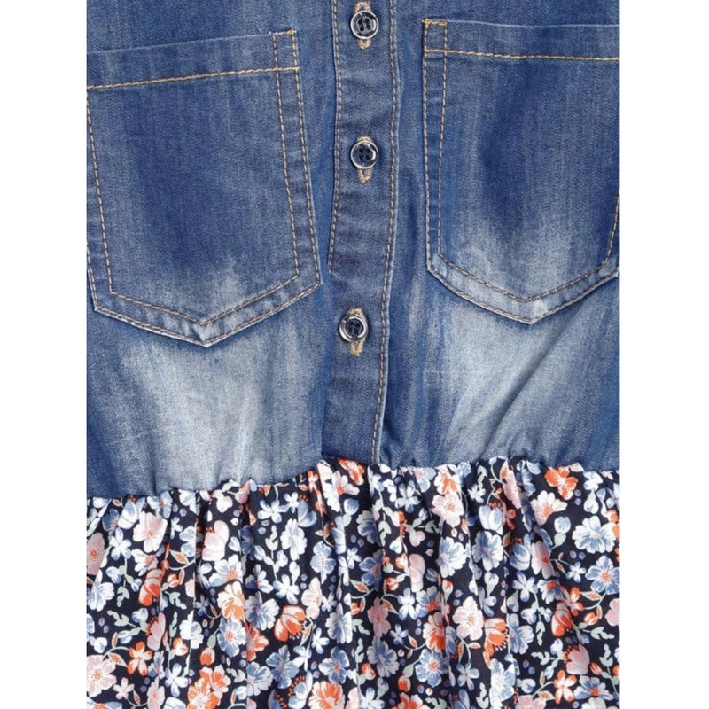 Mayawye Girl's Denim-Cotton Striped Flutter Shirt Collar Dress (Multicolor)