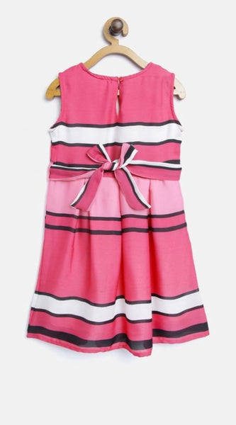 Mayawye Girl's Satin Striped Sleeveless Round Neck Dress (Pink)