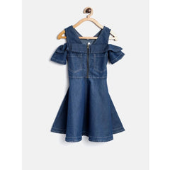 Mayawye Girl's Denim Floral Printed Bell Sleeve Halter Neck Dress (Blue)