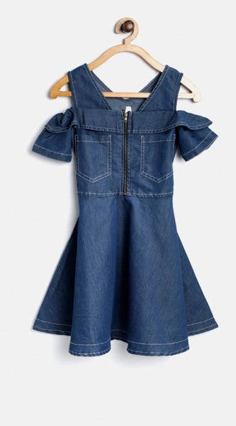 Mayawye Girl's Denim Floral Printed Bell Sleeve Halter Neck Dress (Blue)