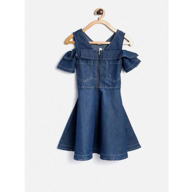 Mayawye Girl's Denim Floral Printed Bell Sleeve Halter Neck Dress (Blue)