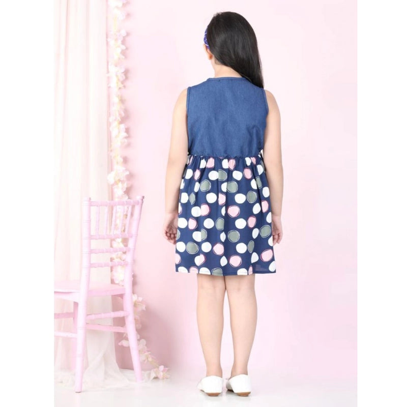 Mayawye Girl's Denim  Rayon Printed Sleeveless Round Neck Dress (Blue)