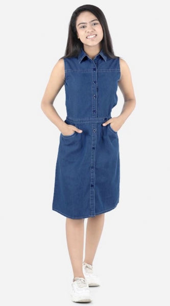 Mayawye Girl's Denim Solid Sleeveless Shirt collar Dress (Blue)