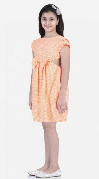 Mayawye Girl's Polyester Crepe Checkered Short Sleeve Round Neck Dress (Orange)