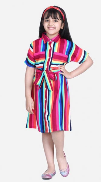 Mayawye Girl's Polyester Crepe Striped Short Sleeve Shirt collar Dress (Multicolor)