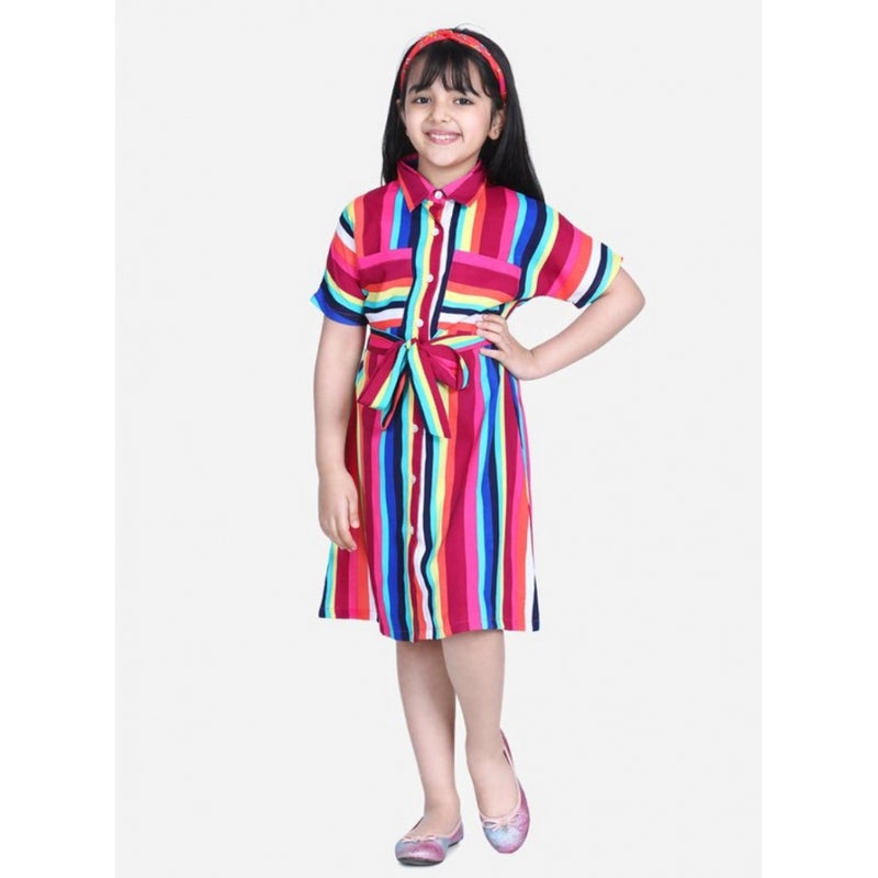 Mayawye Girl's Polyester Crepe Striped Short Sleeve Shirt collar Dress (Multicolor)
