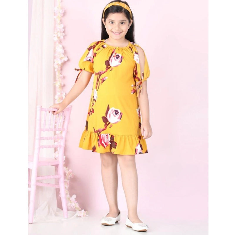 Mayawye Girl's Polyester Crepe Floral Printed Slit Sleeve Round Neck Dress (Yellow-Red)
