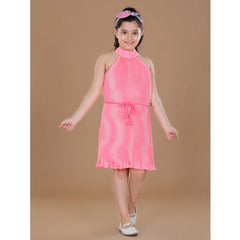 Mayawye Girl's Polyester Crepe Printed Sleeveless Round Neck Dress (Pink)