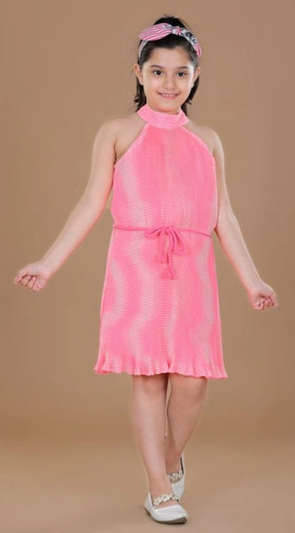 Mayawye Girl's Polyester Crepe Printed Sleeveless Round Neck Dress (Pink)