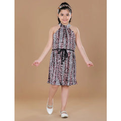 Mayawye Girl's Polyester Crepe Printed Sleeveless Round Neck Dress (Black-Pink)