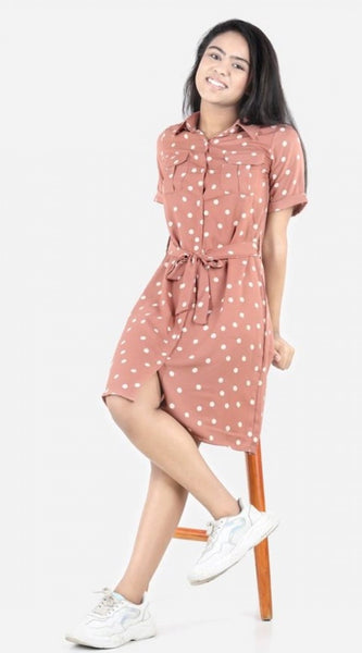 Mayawye Girl's Polyester Printed Short Sleeve Shirt collar Dress (Brown)