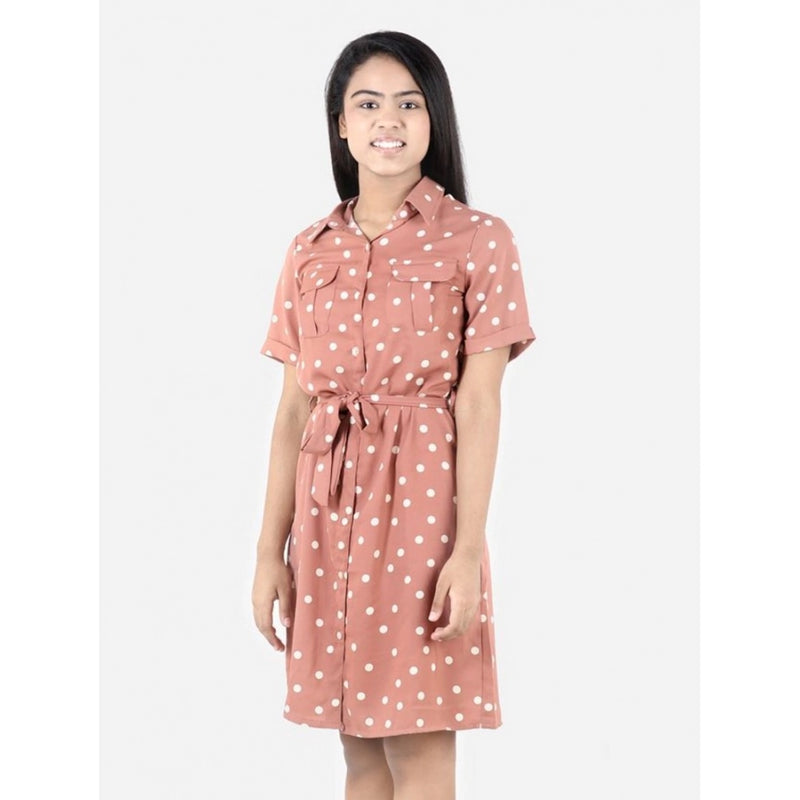 Mayawye Girl's Polyester Printed Short Sleeve Shirt collar Dress (Brown)