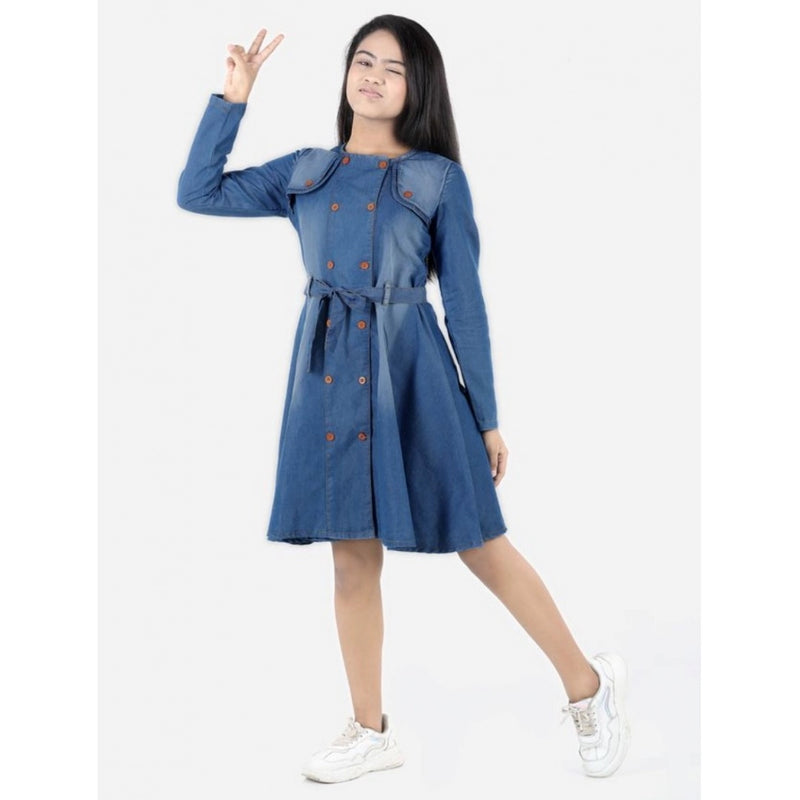 Mayawye Girl's Denim Solid Long Sleeve Round Neck Dress (Blue)