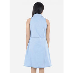 Mayawye Girl's Denim Solid Sleeveless Shirt collar Dress (Blue)