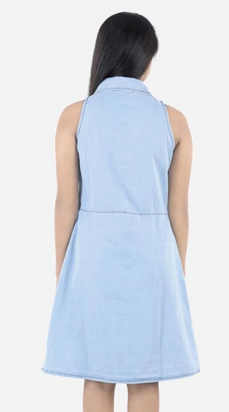 Mayawye Girl's Denim Solid Sleeveless Shirt collar Dress (Blue)