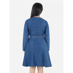 Mayawye Girl's Denim Solid Long Sleeve Round Neck Dress (Blue)