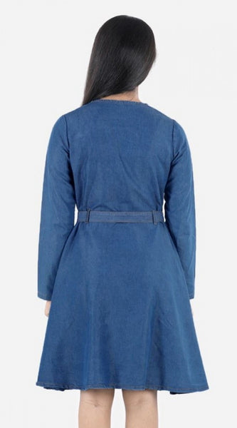 Mayawye Girl's Denim Solid Long Sleeve Round Neck Dress (Blue)