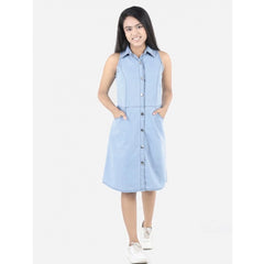 Mayawye Girl's Denim Solid Sleeveless Shirt collar Dress (Blue)