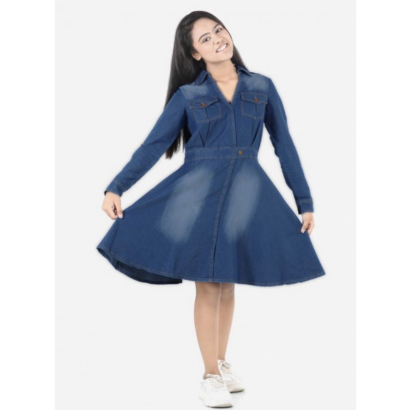 Mayawye Girl's Denim Solid Long Sleeve Shirt collar Dress (Blue)
