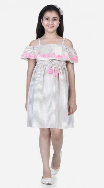 Mayawye Girl's Cotton Printed Sleeveless Shoulder Straps Dress (Beige-Pink)
