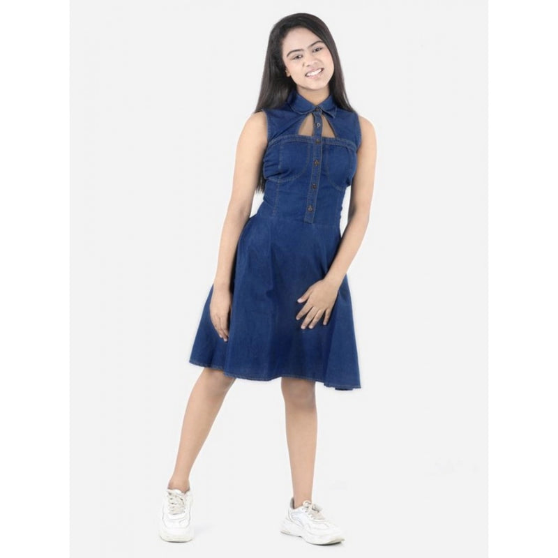 Mayawye Girl's Denim Solid Sleeveless Shirt collar Dress (Blue)