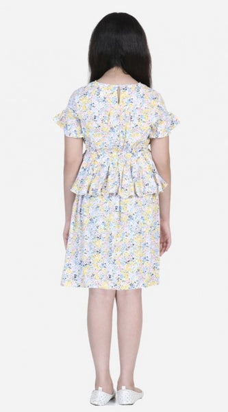 Mayawye Girl's Rayon Floral Printed Short Sleeve V-Neck Dress (Multicolor)