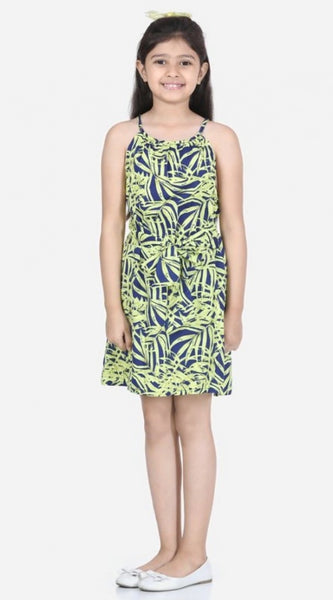 Mayawye Girl's Polyester Floral Printed Short Sleeve Round Neck Dress (Blue-Yellow)