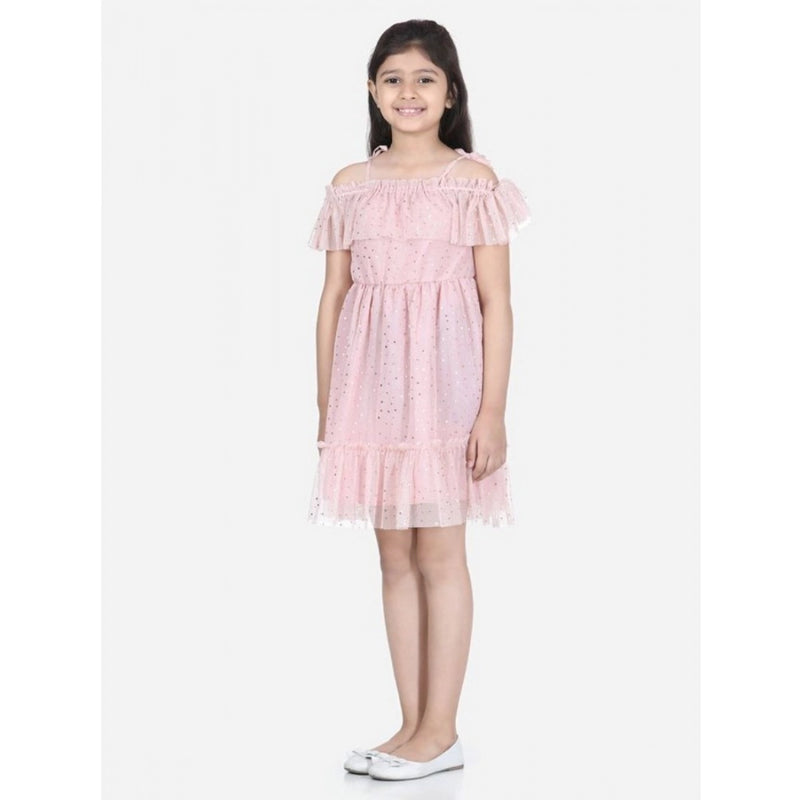 Mayawye Girl's Polyester Net Embellished Short Sleeve Shoulder Straps Dress (Pink)